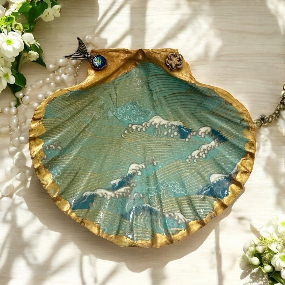 Hand Made Decoupage Scallop Shell Trinket Dish First Wave Mermaid Tail
